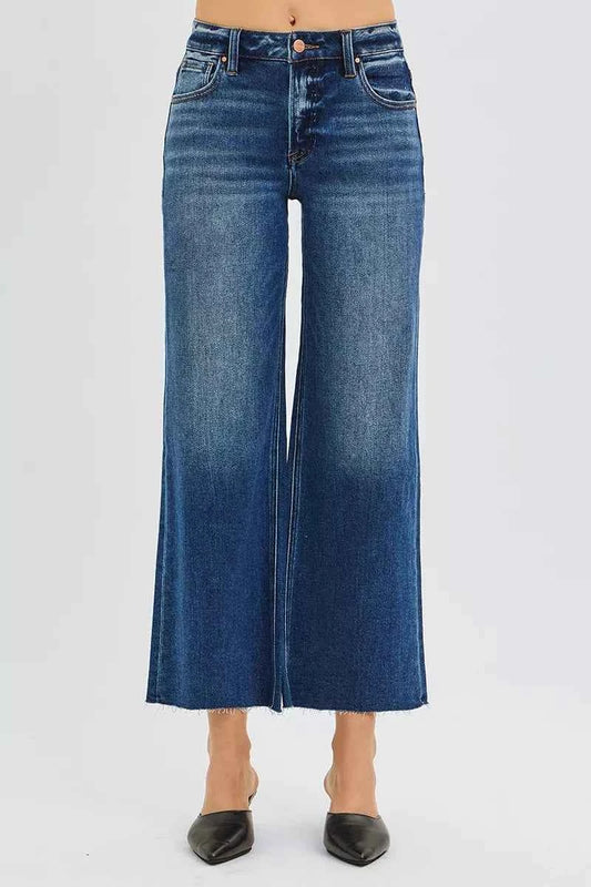 RISEN Full Size Mid Rise Crop Wide Raw Cut Hem Jeans Plus Size