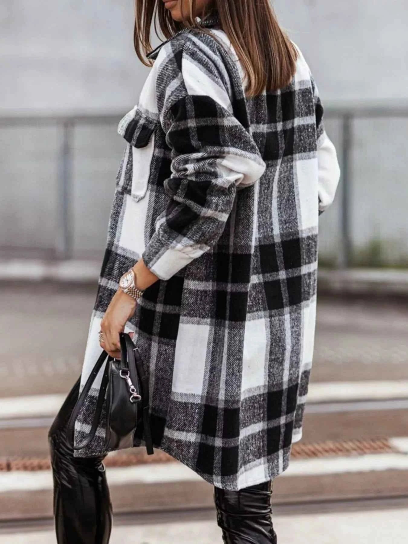 Button Down Collared Neck Plaid Flannel Shacket