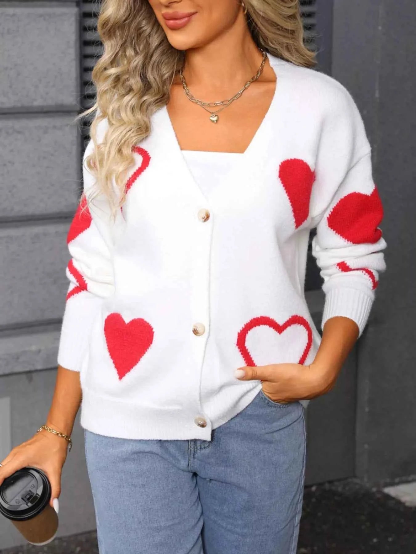 Valentine's Day Heart Pattern Button-Up Knit Cardigan