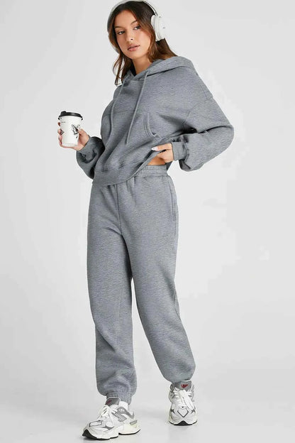 Dropped Shoulder Hooded Top and Pants Active Set