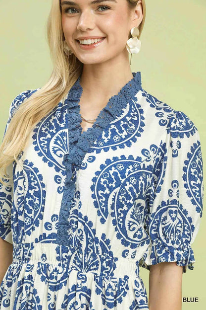 Umgee Paisley Smocked Waist Midi Dress