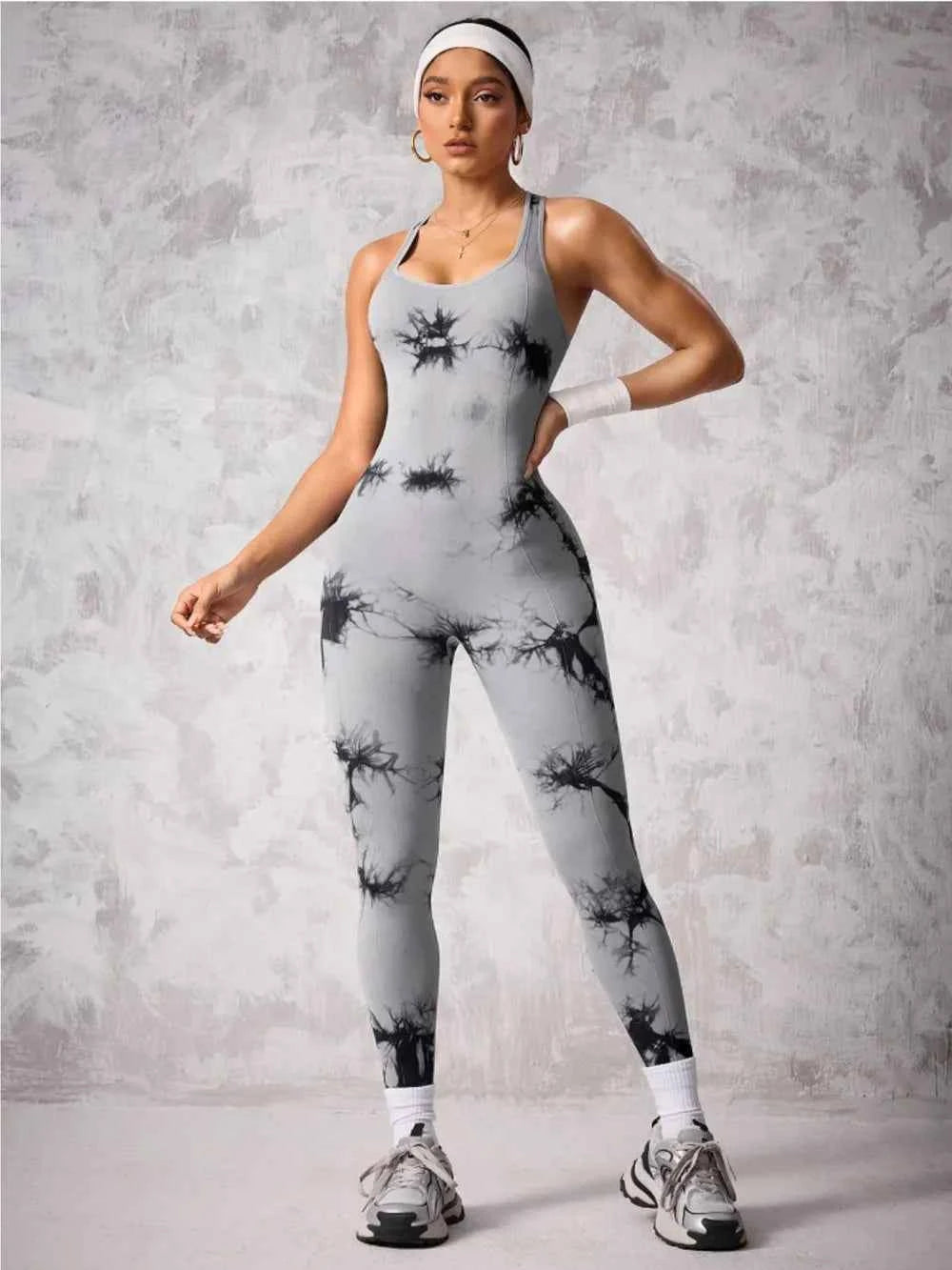 Back Crisscross Tie-Dye Scoop Neck Active Jumpsuit