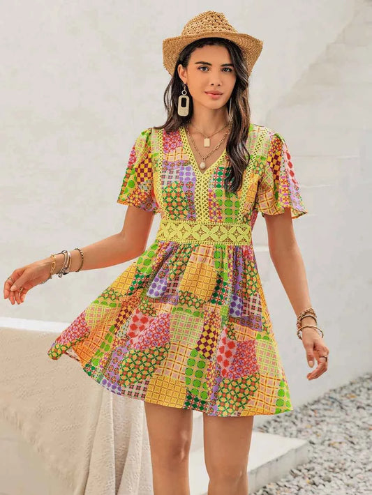 Crochet Trim Printed V-Neck Short Sleeve Mini Dress