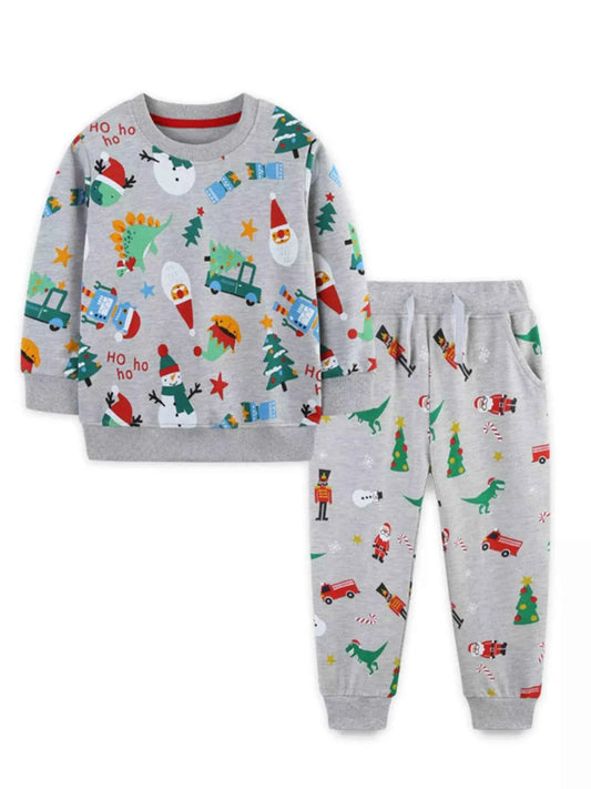Children's Christmas Print Round Neck Top and Pants Set