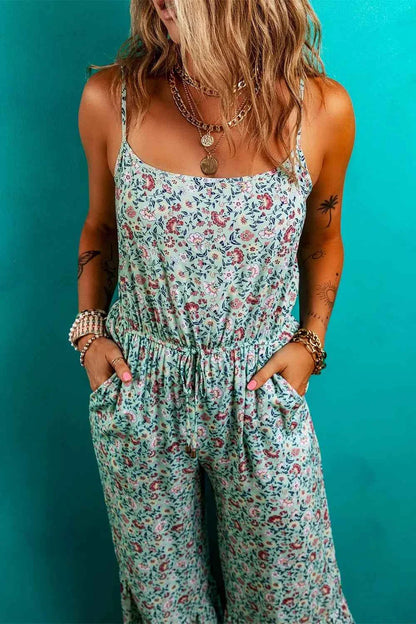 Bohemian Floral Ruffle Bottom Spaghetti Strap Jumpsuit