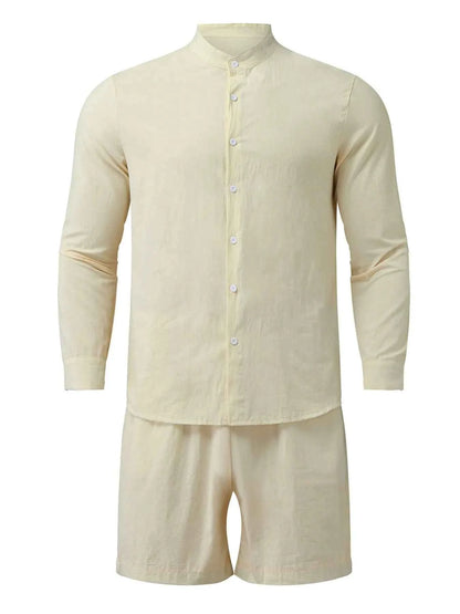 Men's Full Size Button Up Long Sleeve Shirt and Shorts Set Plus Size