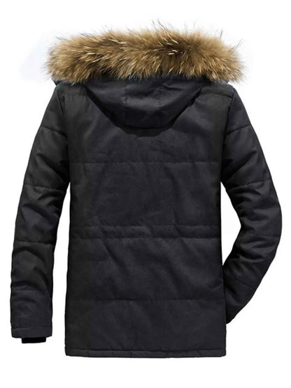 Men's Plus Size Zip Up Long Sleeve Puffer Coat with Faux Fur Hood