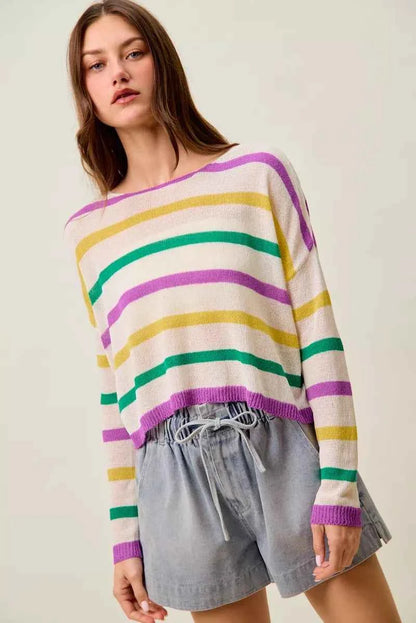 SO ME Mardi Gras Color Stripe Lightweight Sweater Top