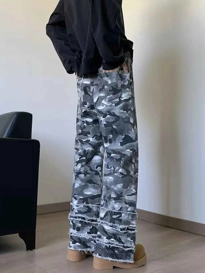Men's Full Size Raw Hem Camo Wide Leg Jeans Plus Size