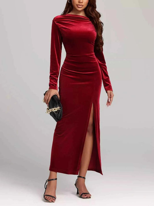 Ruched Velvet Long Sleeve Slit Dress