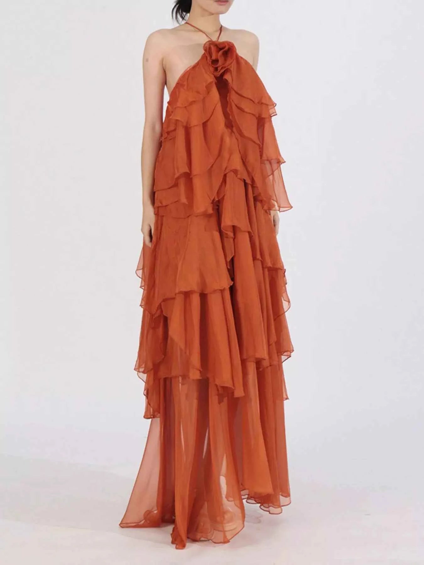 Ruffled Chiffon Halter Neck Maxi Dress