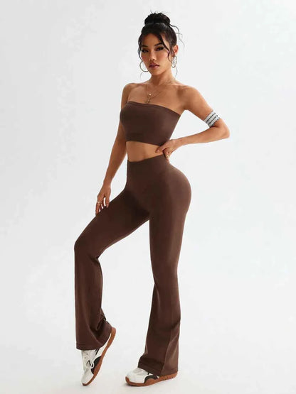 Tube Top and High Waist Flare Pants Active Set