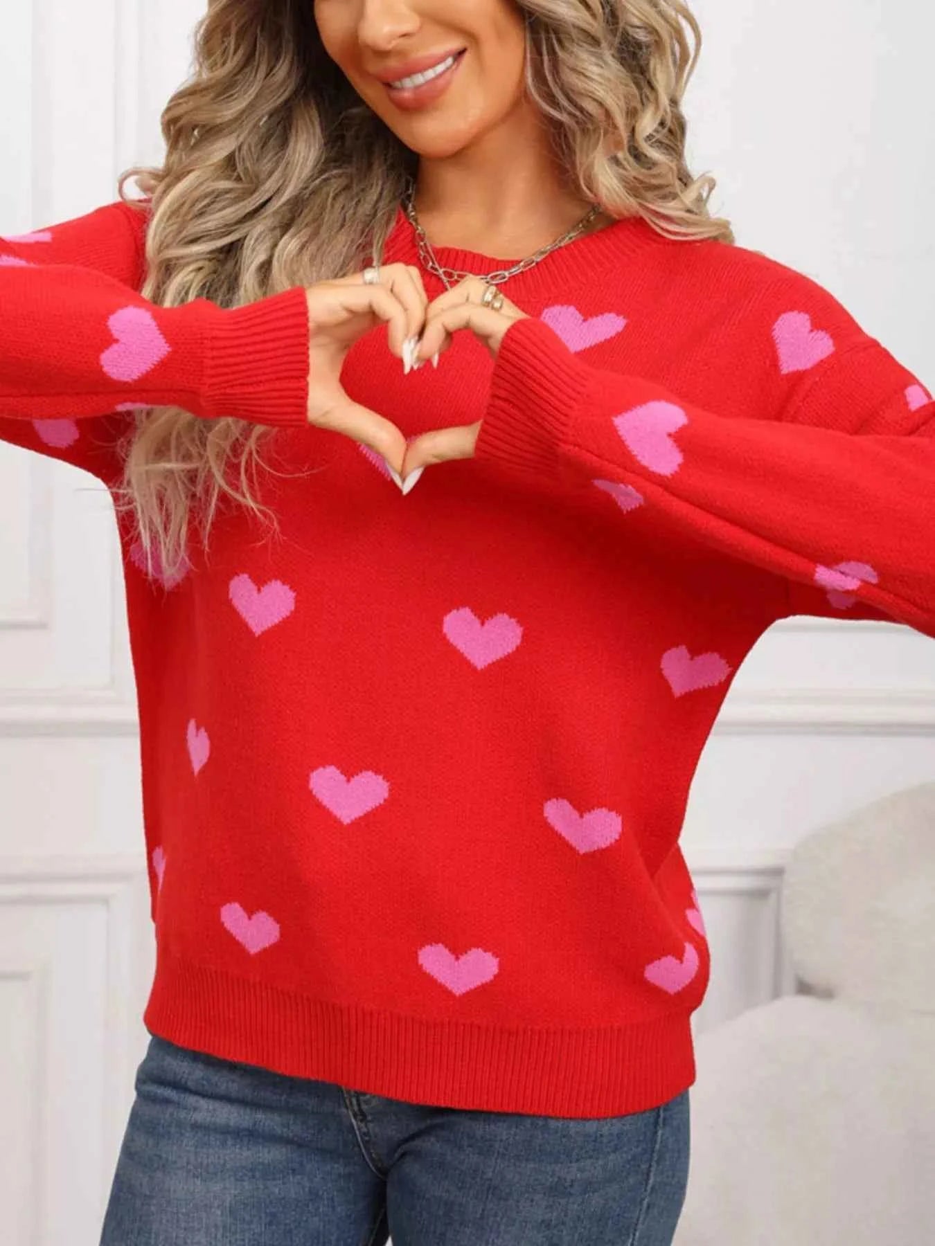 Valentine's Day Heart Pattern Dropped Shoulder Sweater