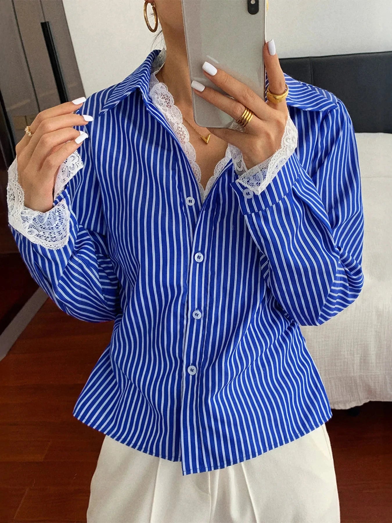 Striped Button-Down Shirt with Lace Detail