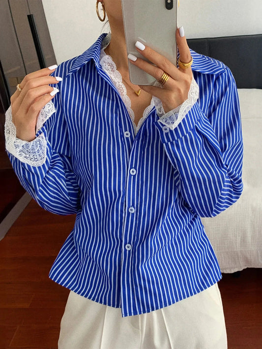 Striped Button-Down Shirt with Lace Detail