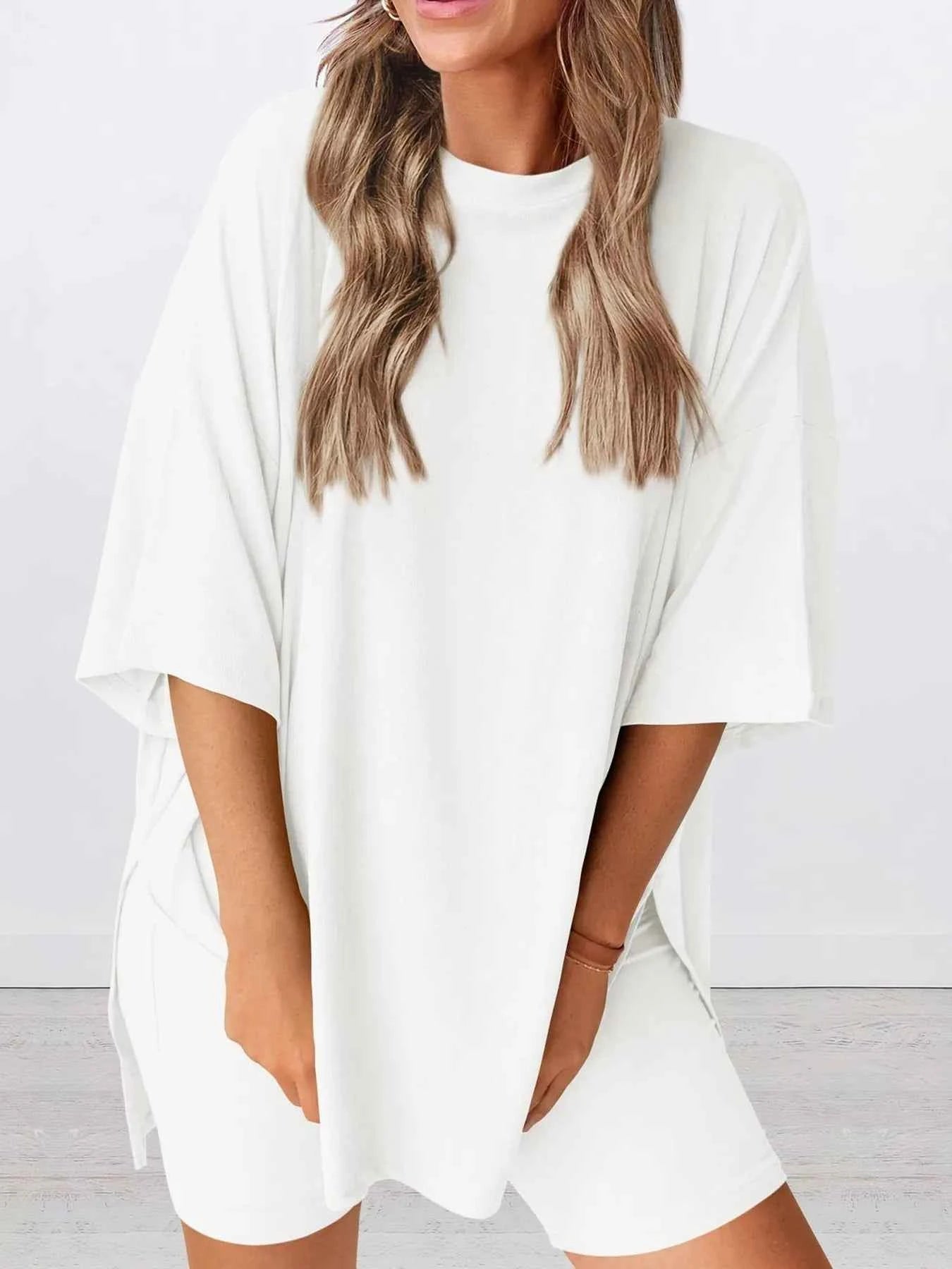 Full Size Oversized Round Neck Top and Shorts Set Plus Size