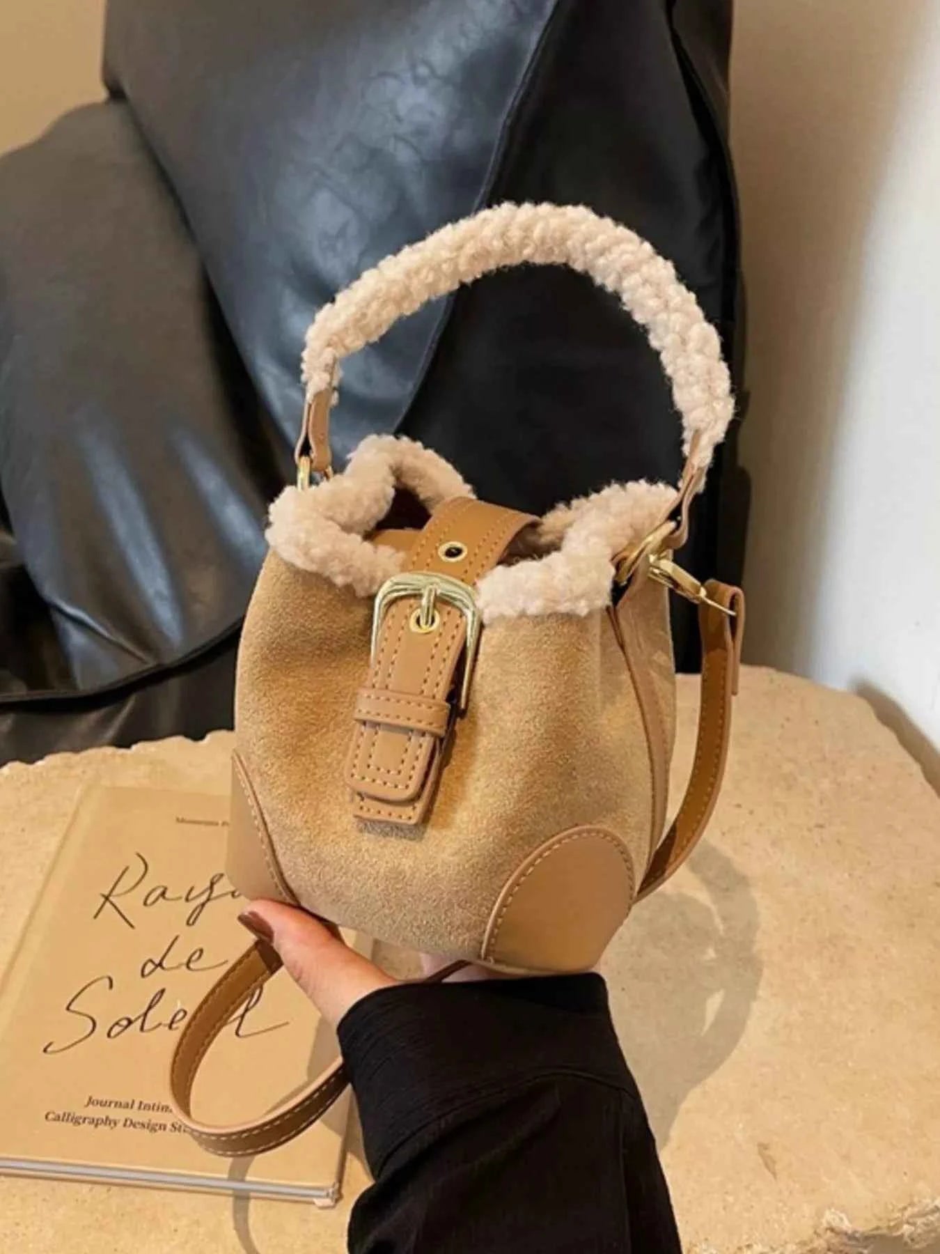Fuzzy Trim Bucket Crossbody Bag