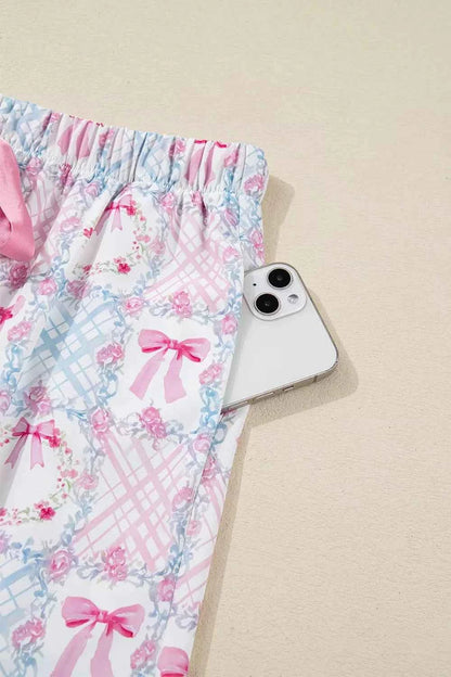 Wreath Pattern Christmas Tied Front Long Sleeve 2pcs Pajama Set