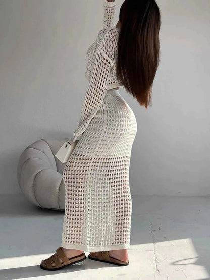 Hollow Out Long Sleeve Top and Skirt Knit Set
