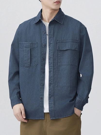 Men's Plus Size Button Up Long Sleeve Denim Shirt
