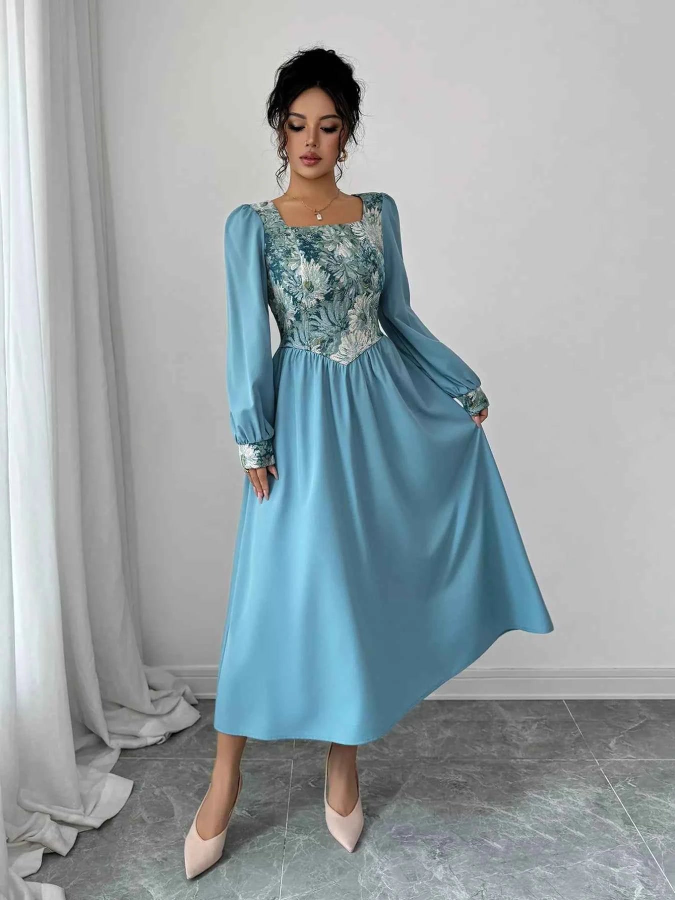 Floral Square Neck Lantern Sleeve Dress