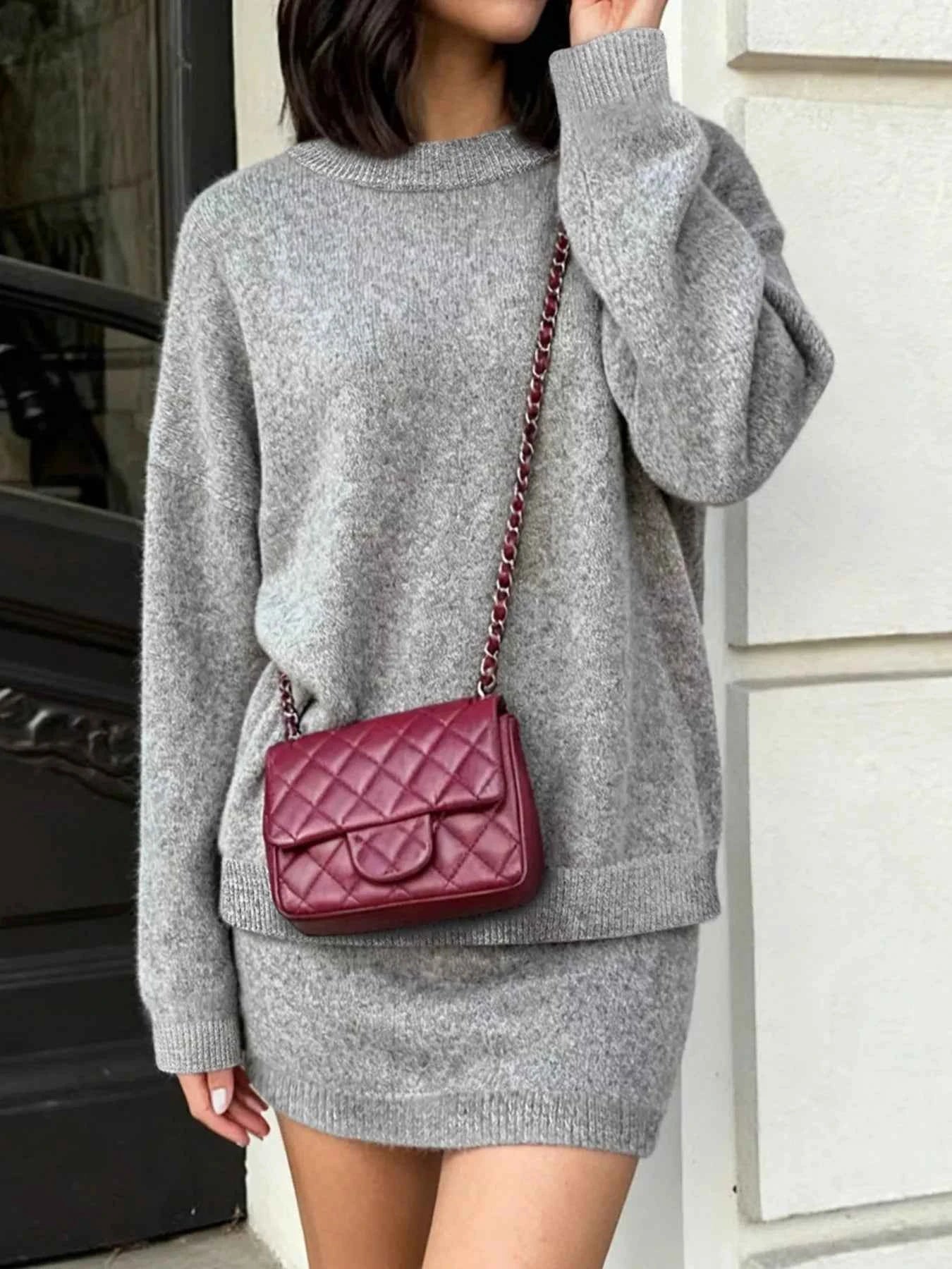 Plus Size Round Neck Long Sleeve Top and Skirt Sweater Set