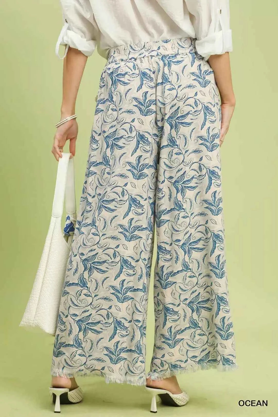 Umgee Linen Printed Wide Leg Raw Hem Pants