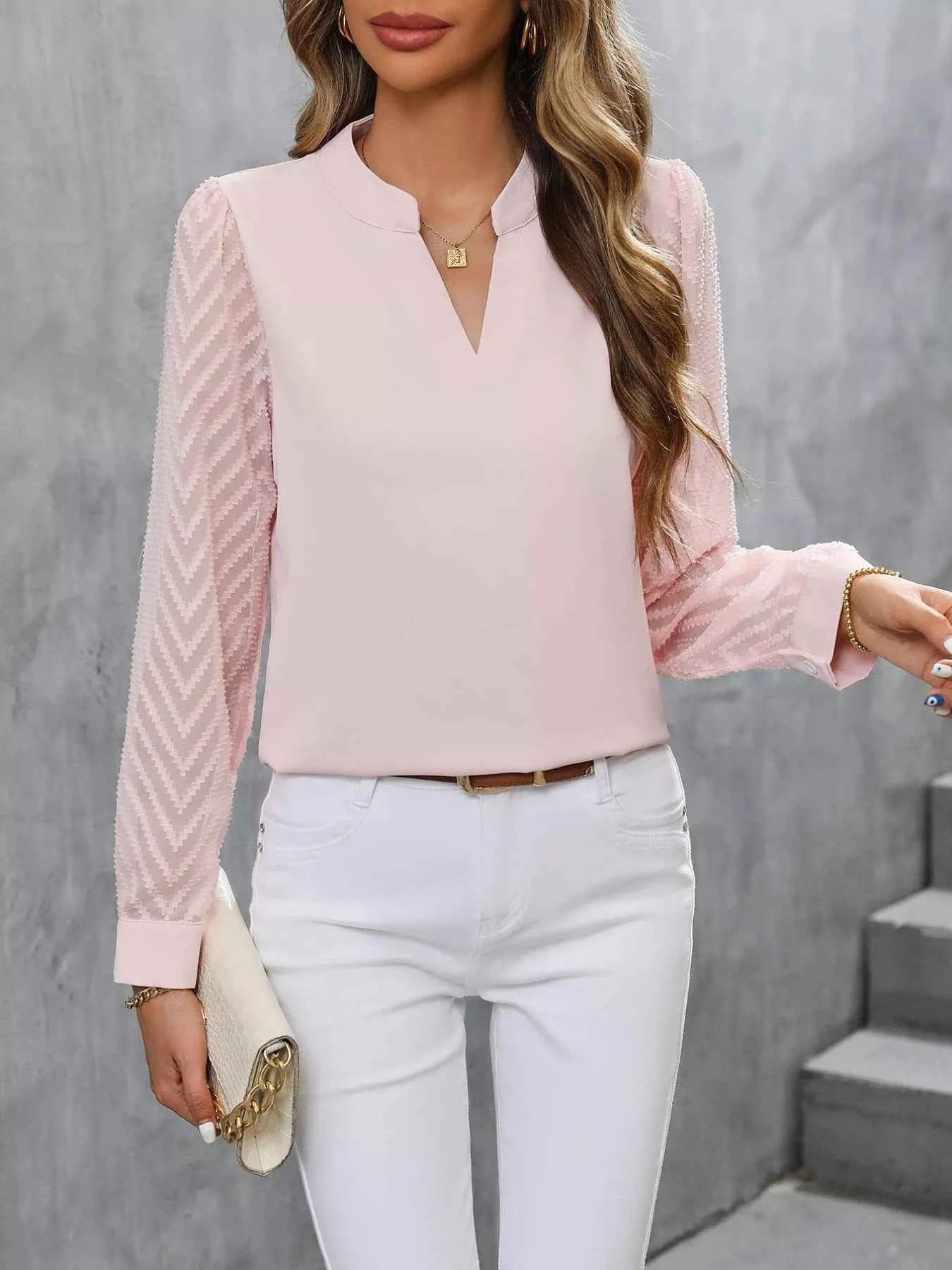 Sheer Sleeve V-Neck Blouse