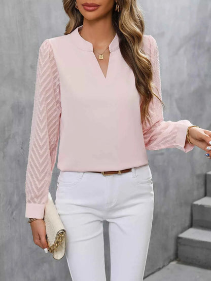 Sheer Sleeve V-Neck Blouse