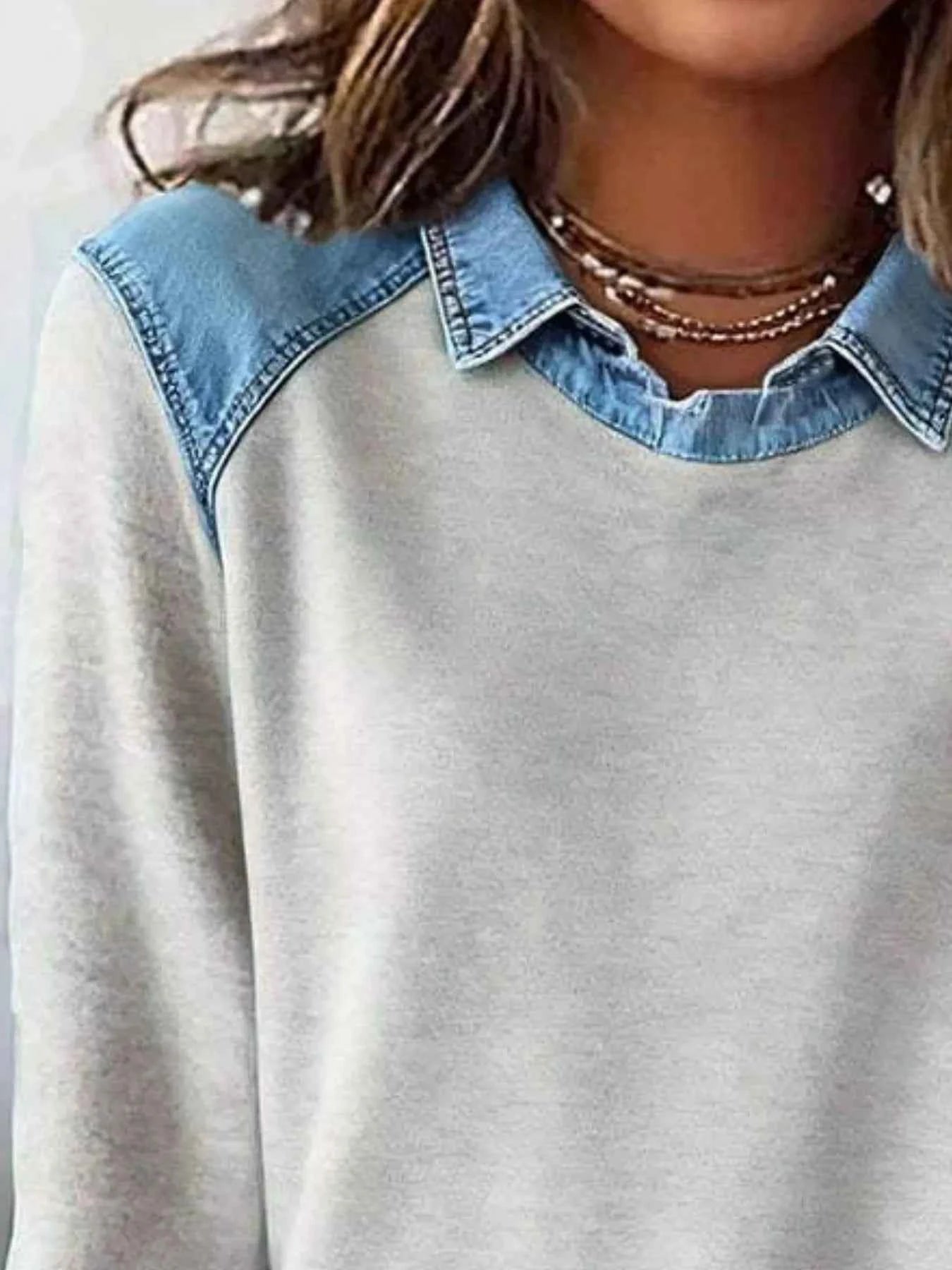 Full Size Denim Trim Long Sleeve Top Plus Size