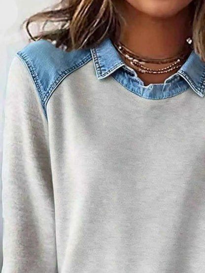 Full Size Denim Trim Long Sleeve Top Plus Size