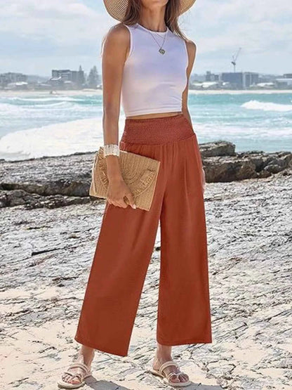 Wide Leg Smocked High Waist Pants