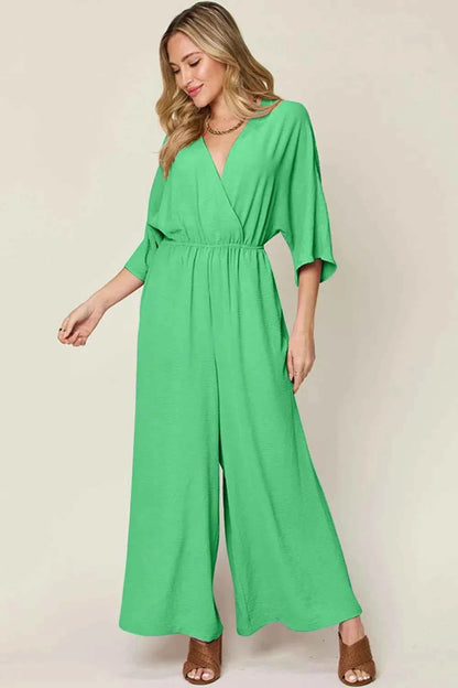 Double Take Full Size Surplice Wide Leg Jumpsuit with Pockets