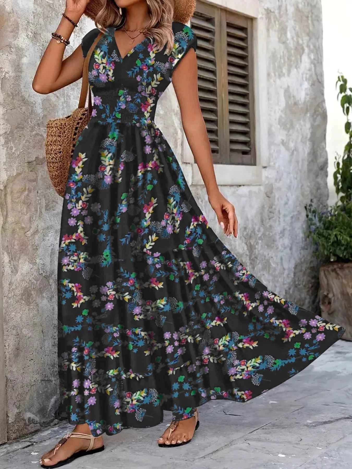 Plus Size Floral V-Neck Cap Sleeve Maxi Dress