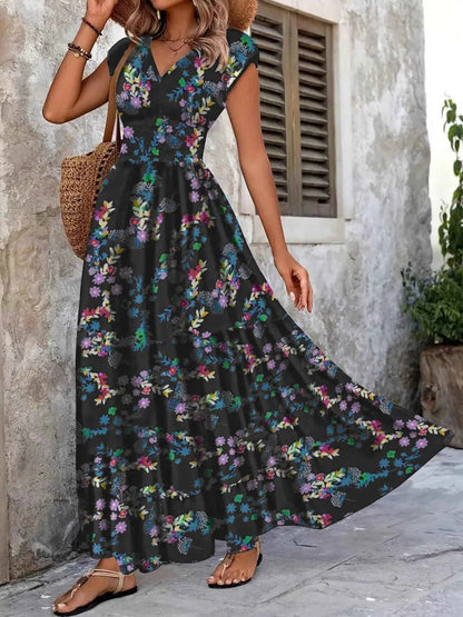 Plus Size Floral V-Neck Cap Sleeve Maxi Dress