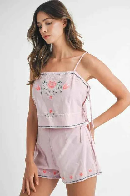 MABLE Embroidered Crop Top and Shorts Set