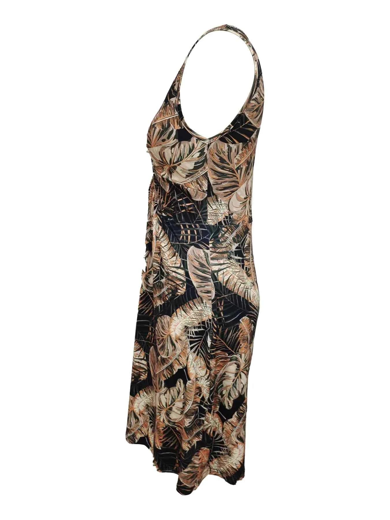 Tropical Print V-Neck Sleeveless Summer Dress