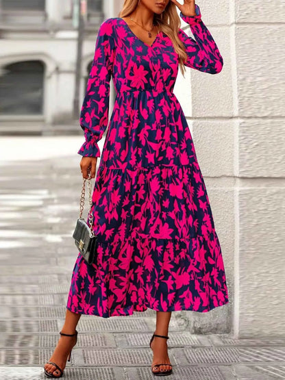 Printed V-Neck Flounce Sleeve Tiered Midi Dress