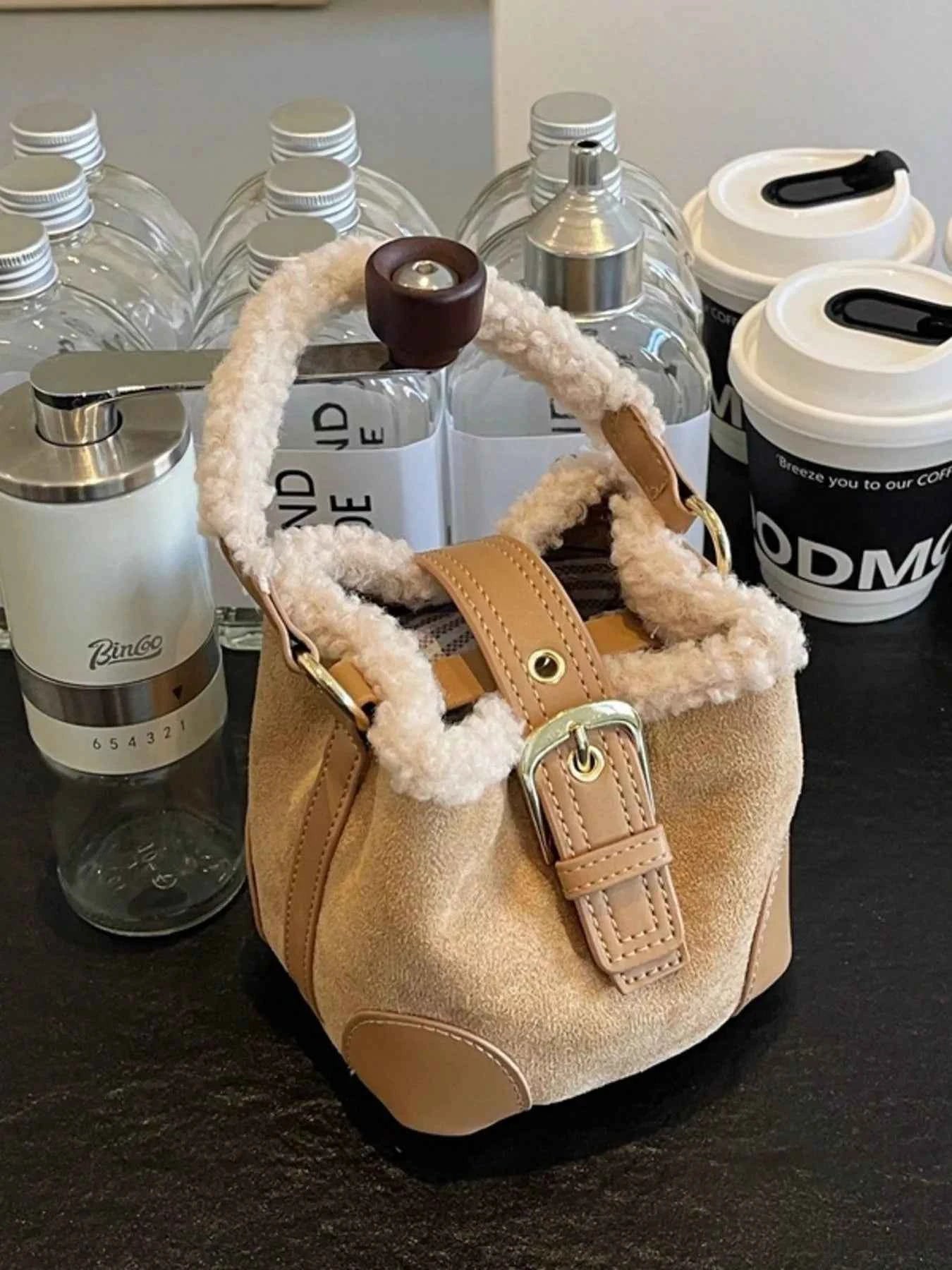 Fuzzy Trim Bucket Crossbody Bag