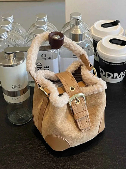 Fuzzy Trim Bucket Crossbody Bag