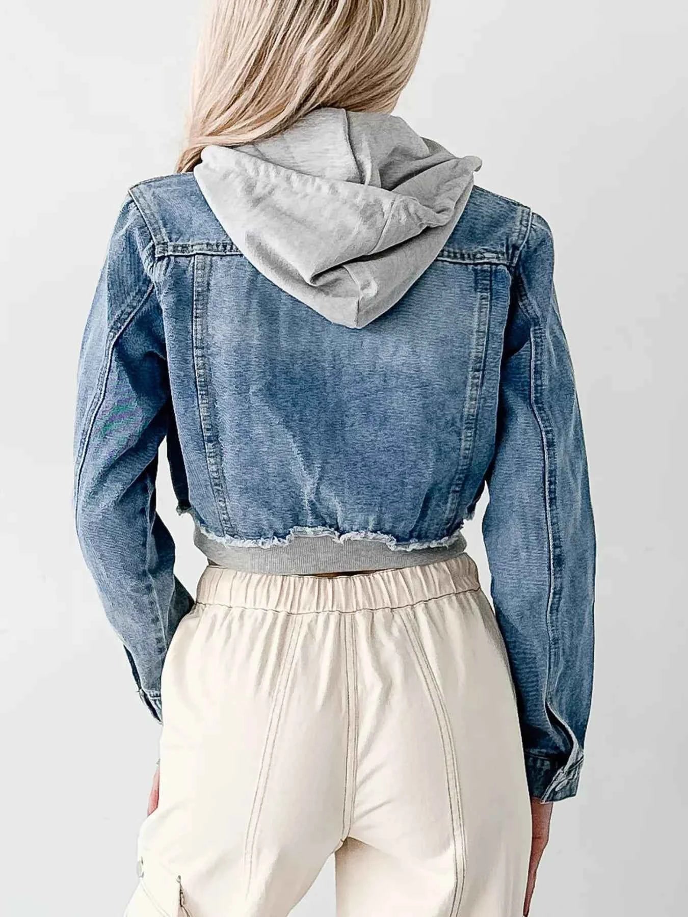 Distressed Zip Up Cropped Hooded Denim Jacket