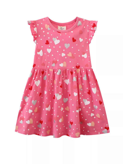 Children's Heart Print Ruffle Sleeve Casual Dress