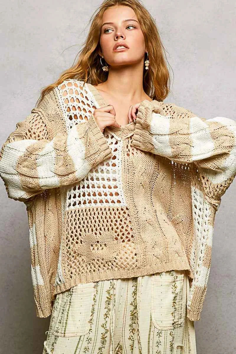 POL Color-Blocked Stripe Pattern Knit Top with Twisted Weave