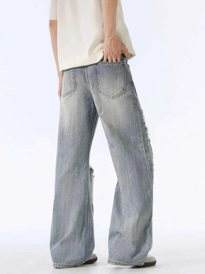 Men's Distressed Wide Leg Vintage Wash Jeans