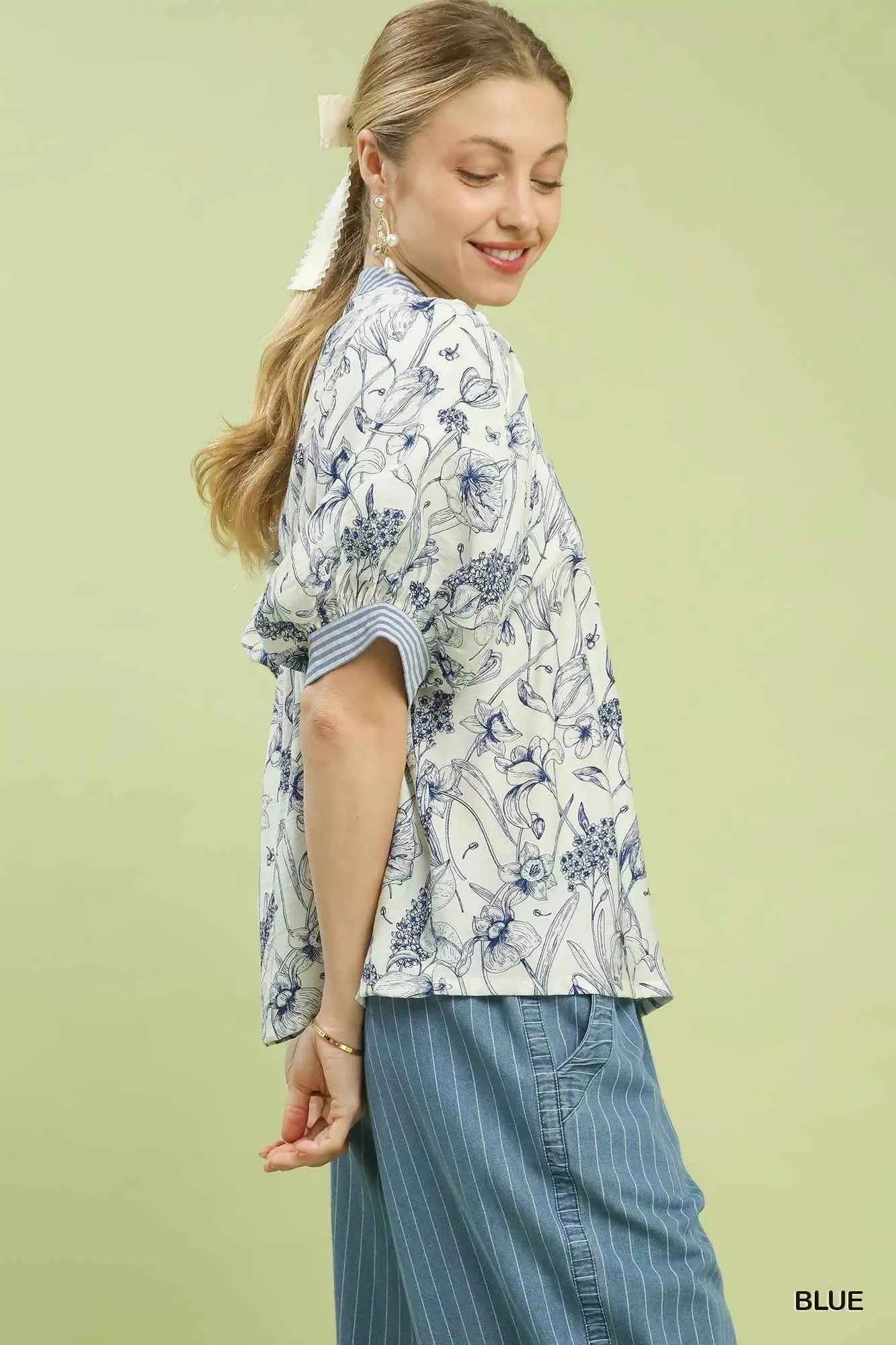 Umgee Mixed Print Puff Sleeve Split Neck Top