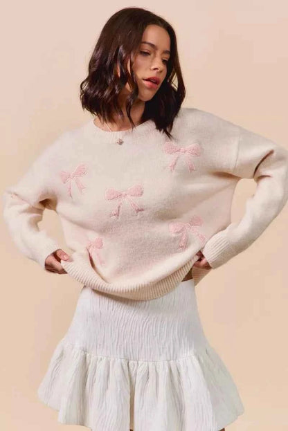 SO ME Embroidered Ribbon Round Neck Sweater