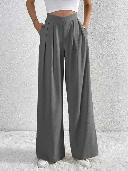V-Waisted Ruched Front Wide Leg Pants