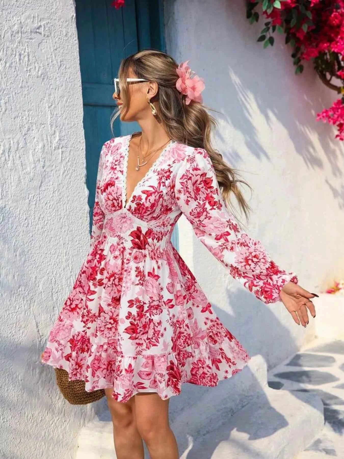 Full Size Floral Print V-Neck Long Sleeve Ruffle Hem Mini Dress Plus Size