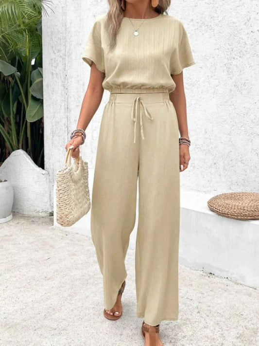 Round Neck Short Sleeve Top and Pants Set