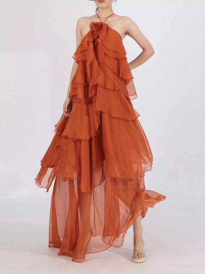 Ruffled Chiffon Halter Neck Maxi Dress
